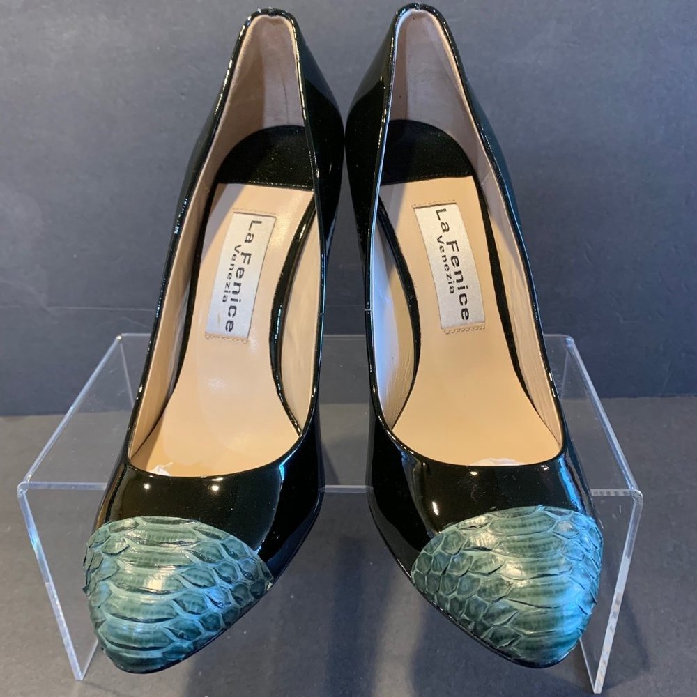 La Fenice Womens 8 Green Patent Leather Pump with Snake Skin Toe